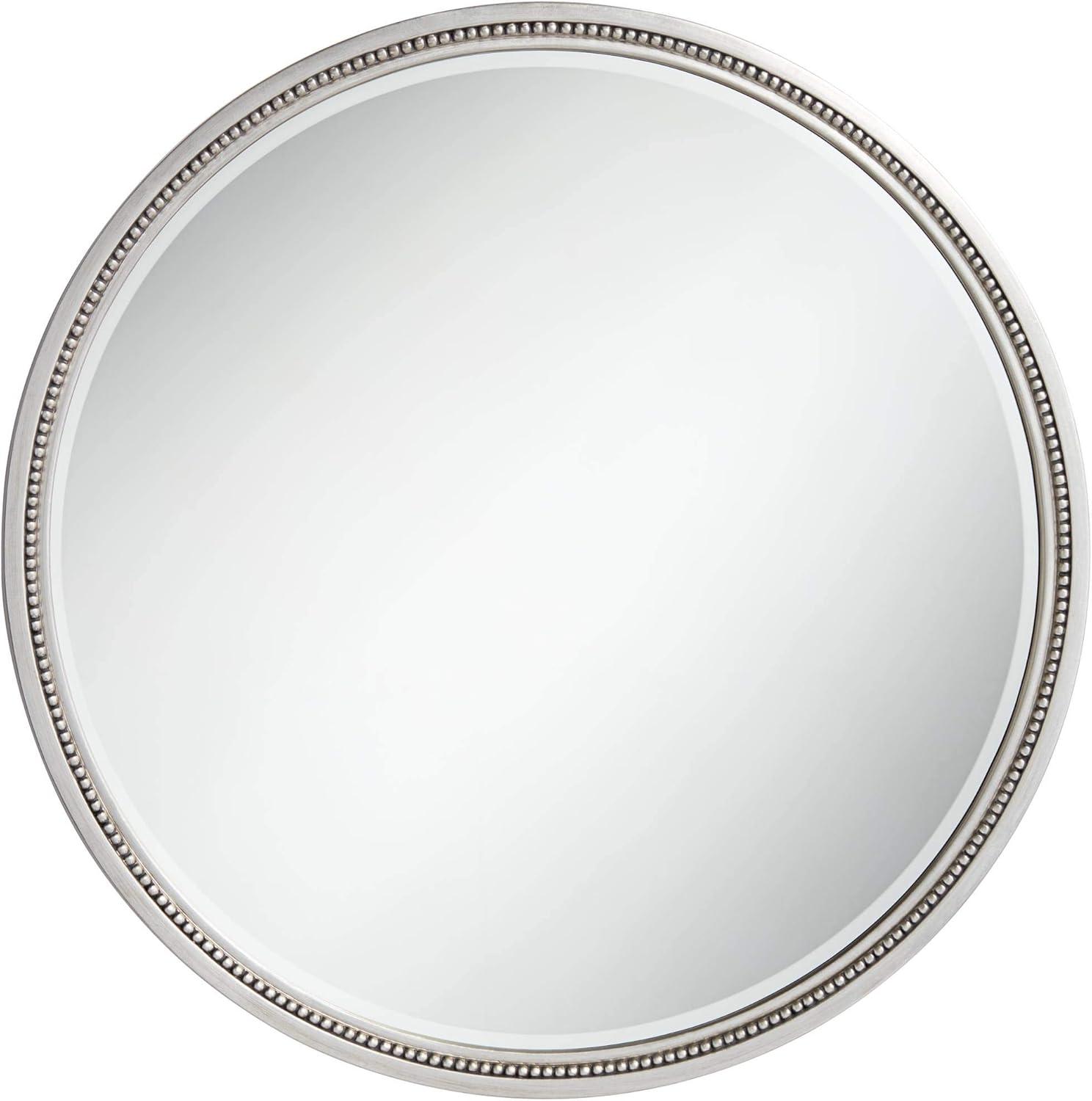 Noble Park Lorraine Round Vanity Decorative Wall Mirror Modern Beveled Beaded Trim Silver Wood Frame 32 3/4" Wide for Bathroom Bedroom Living Room