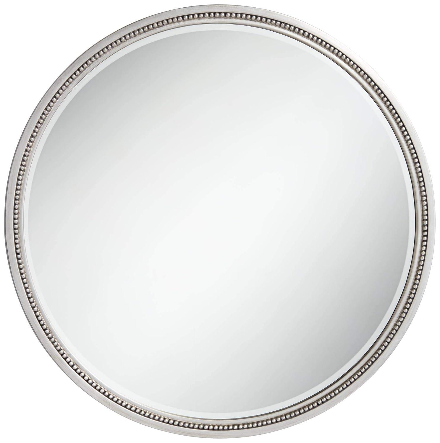Noble Park Lorraine Round Vanity Decorative Wall Mirror Modern Beveled Beaded Trim Silver Wood Frame 32 3/4" Wide for Bathroom Bedroom Living Room