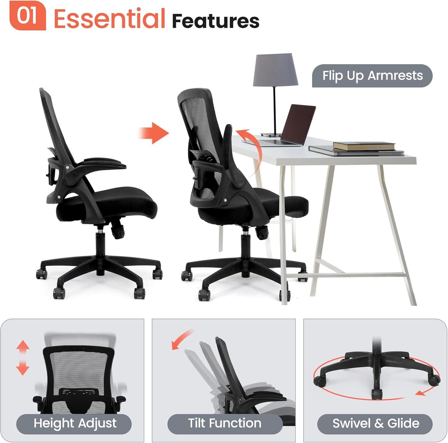 Neo Chair Ergonomic High Back Office Chair with Flip-up Arms Adjustable Lumbar Support, Black