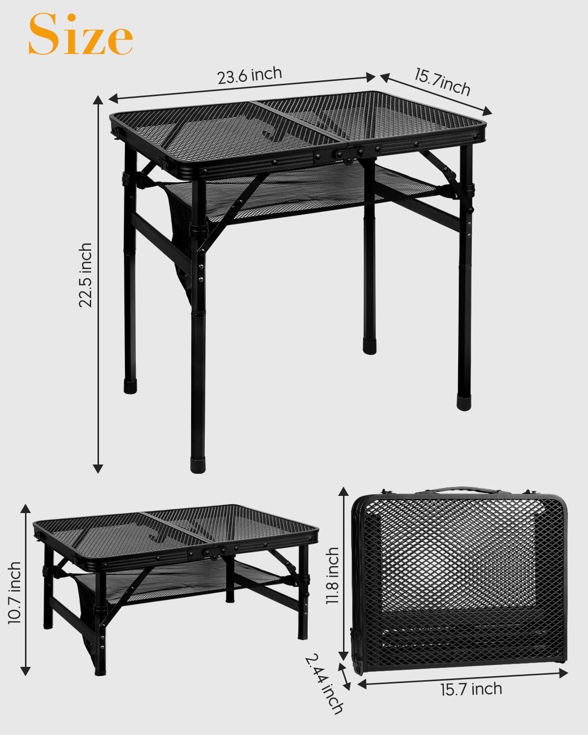 Folding Grill Table Camping Table with Mesh Desktop, Lightweight & Portable Outdoor Picnic Table, Height Adjustable Portable Grill Table for Outside Inside Use