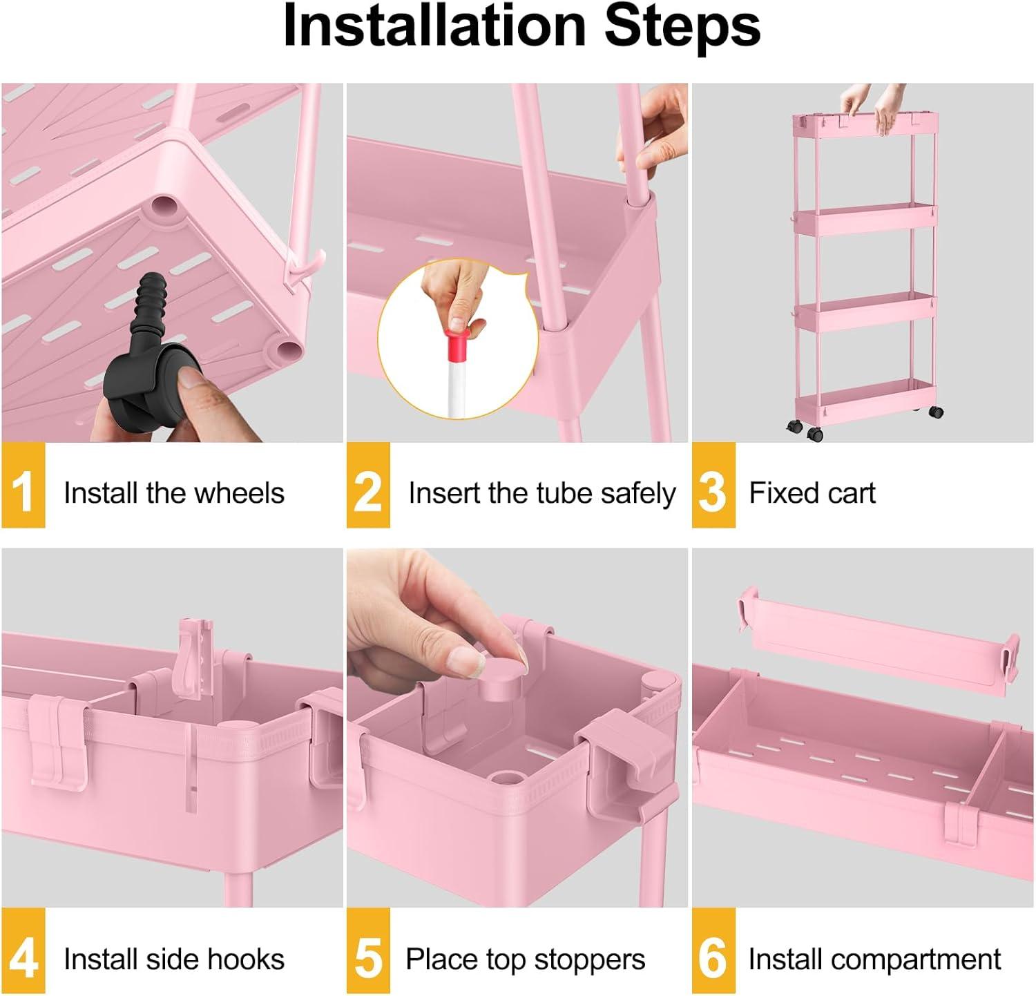 Slim Rolling Storage Cart 4 Tier Bathroom Organizer Utility Cart Mobile Shelving Unit Tower Rack for Kitchen, Laundry Room, Bathroom, Narrow Places, Pink