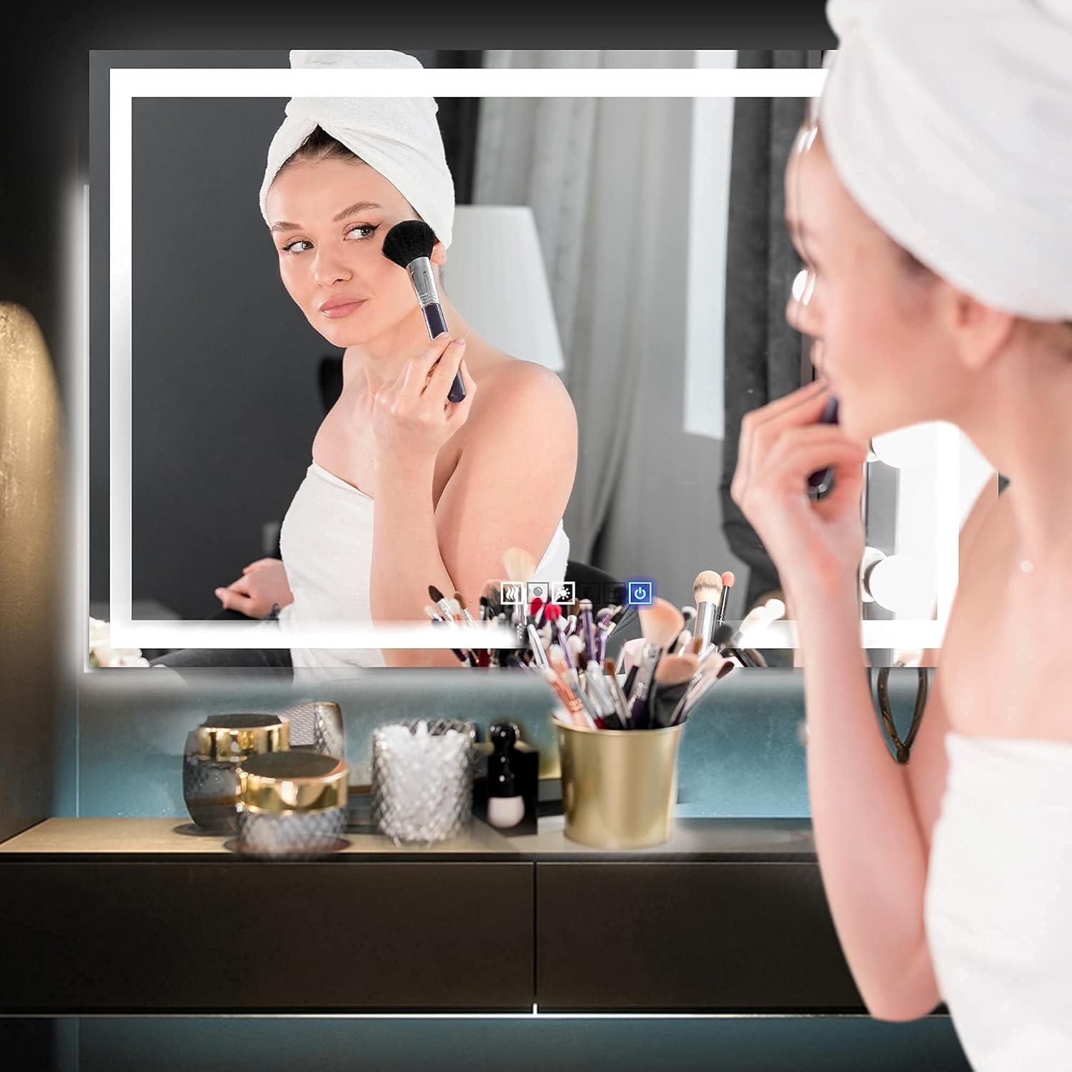 36"x48" Inches LED Dimmable Bathroom Mirror Rectangle LED Lighted Wall Mounted Mirror for Vanity Room with Touch Button and Anti-Fog Function by Fab Glass and Mirror