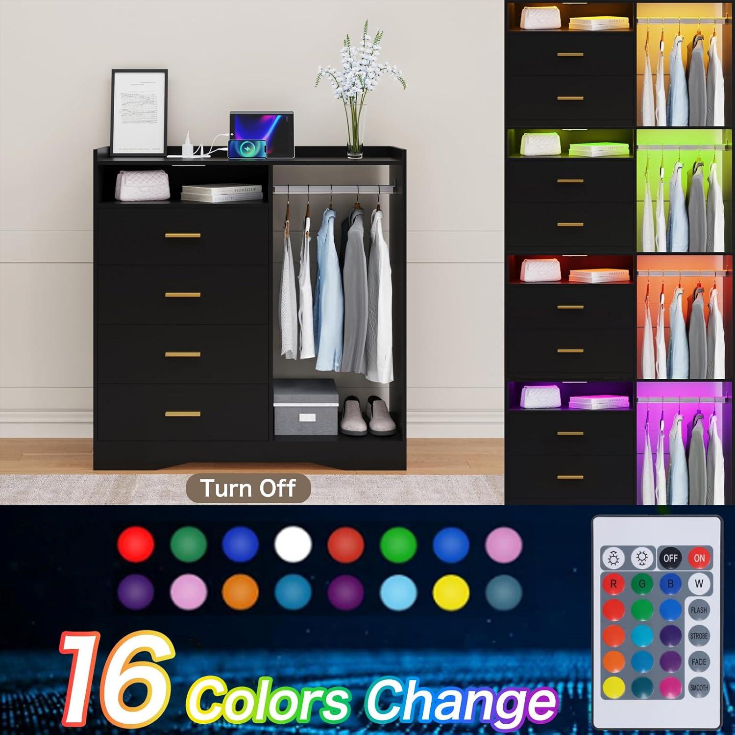 4 Drawer Dresser with Clothing Rack and LED Lights, Modern LED Dresser for Bedroom, Black