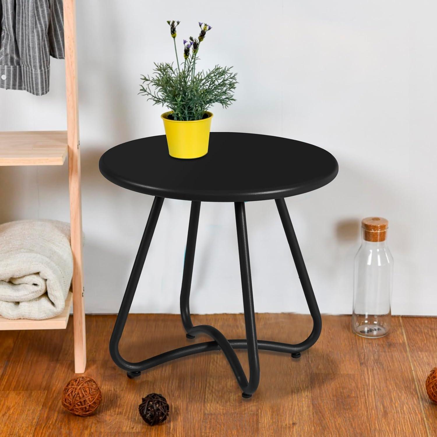 Black Round Steel Patio Side Table with Adjustable Feet