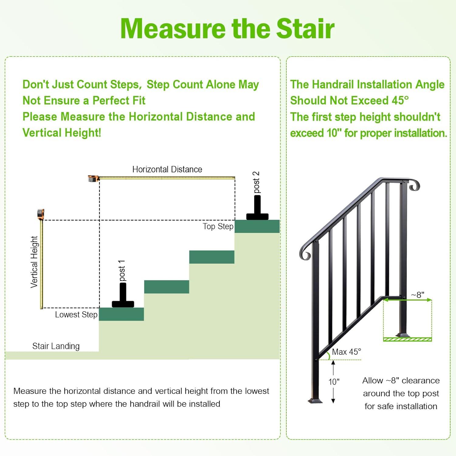 2 Pack 5 Step Handrails for Outdoor Steps, Wrought Iron Stair Railing Fits 4 or 5 Steps, Metal Hand Rail with Installation Kit, Staircase Handrails for Concrete, Porch, Deck, Exterior Steps, Black