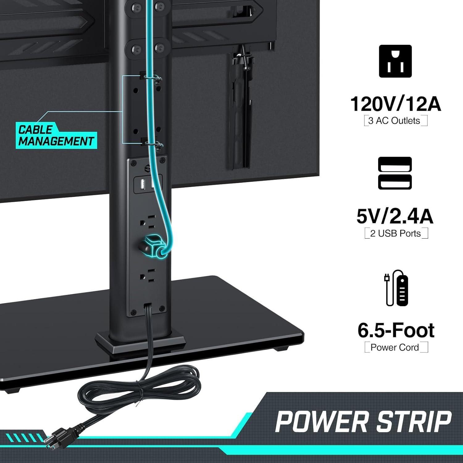 Greenstell TV Stand with Power Outlet, Universal TV Mount Stand for 27-65 inch TVs, Height Adjustable, Swivel Table Top TV Stand with Tempered Glass Base, Holds up to 88 LBs, Max VESA 400x400mm