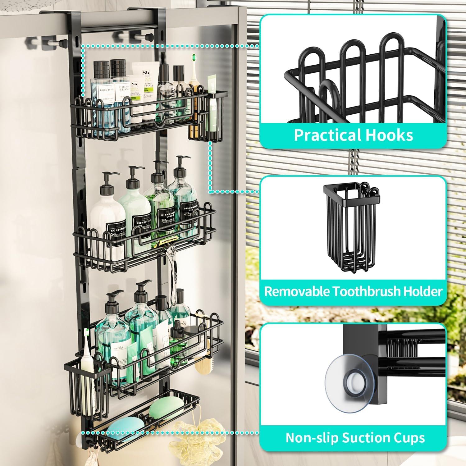 LEFEE 4 Tier Over the Door Shower Caddy, Hanging Shower Caddy with 22 Hooks and 2 Toothbrush Holders, No Drilling Adjustable Hanging Shower Organizer for Bathroom