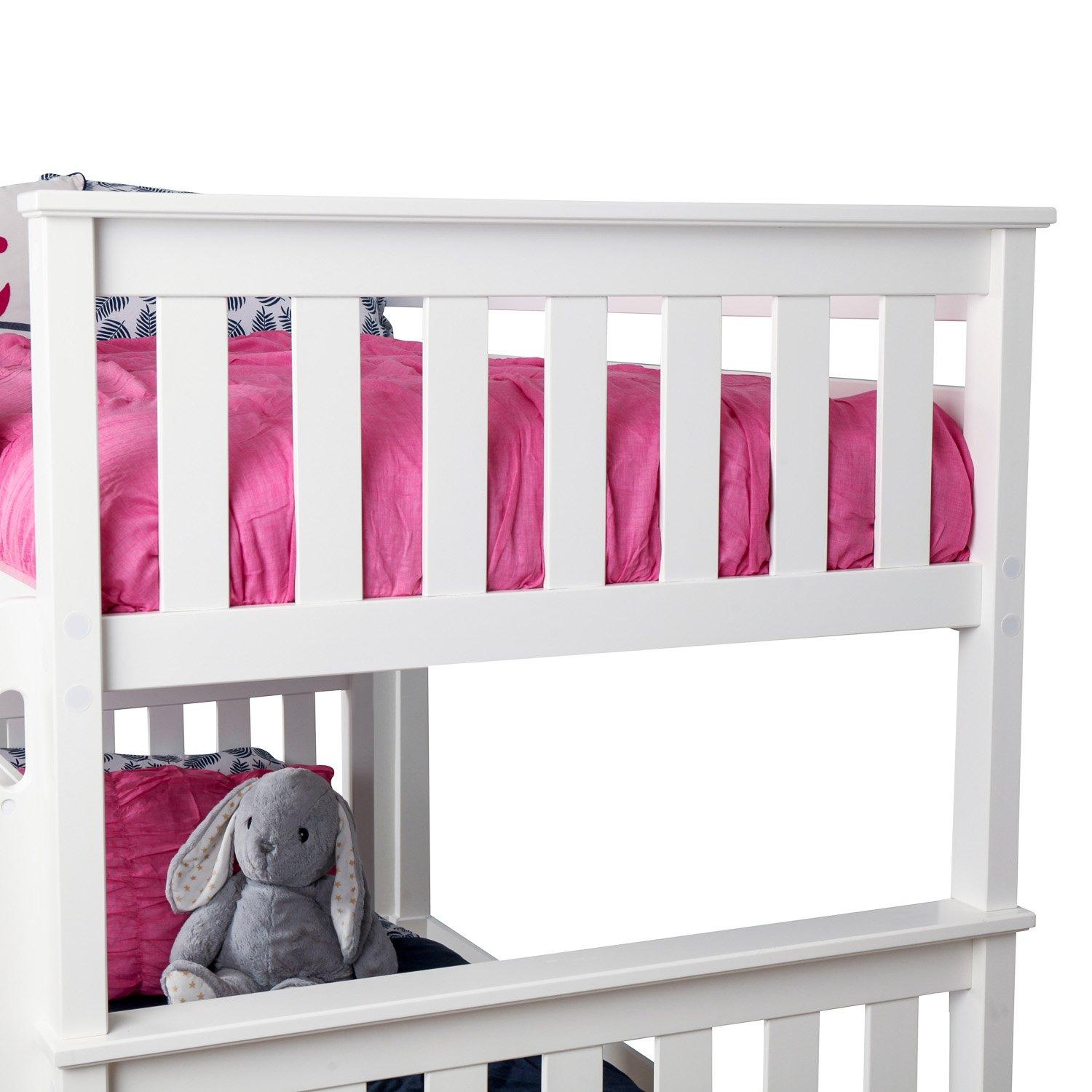 Max & Lily Solid Wood Twin over Twin Bunk Bed with Storage Trundle for Kids, White
