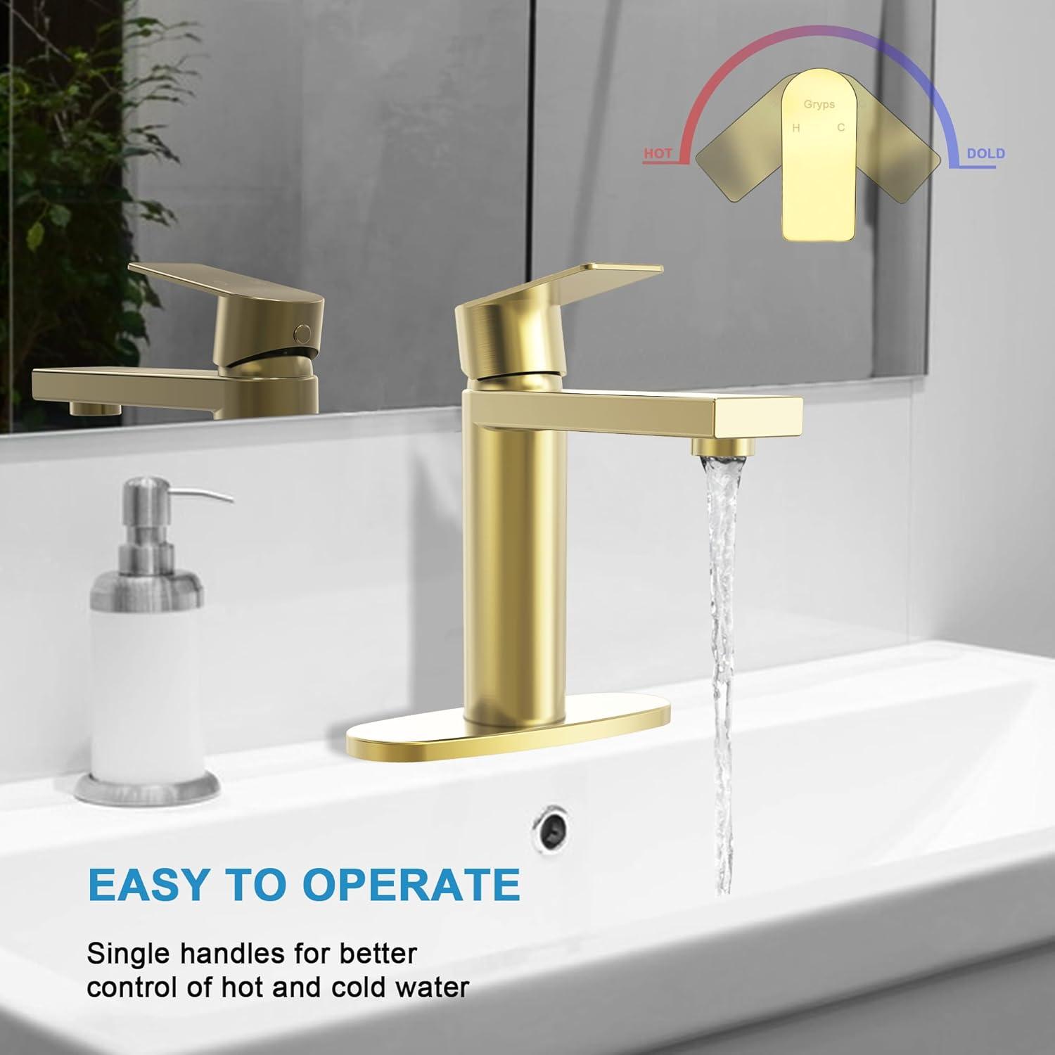 Brushed Gold Bathroom Faucet Gold Bathroom Sink Faucet Single Handle Gold Bathroom Faucet Modern Single Hole Faucet Bathroom with Pop-up Sink Drain Stopper & Deck Plate 1 or 3 Hole Bathroom Faucet