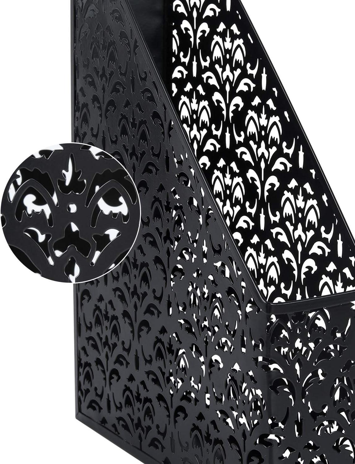 EasyAPG Heavy Duty Metal Magazine File Holder - Carved Hollow Flower Pattern Design, No Assembly Desk Organizer for Legal Size Files, Home Office Storage Rack, Black
