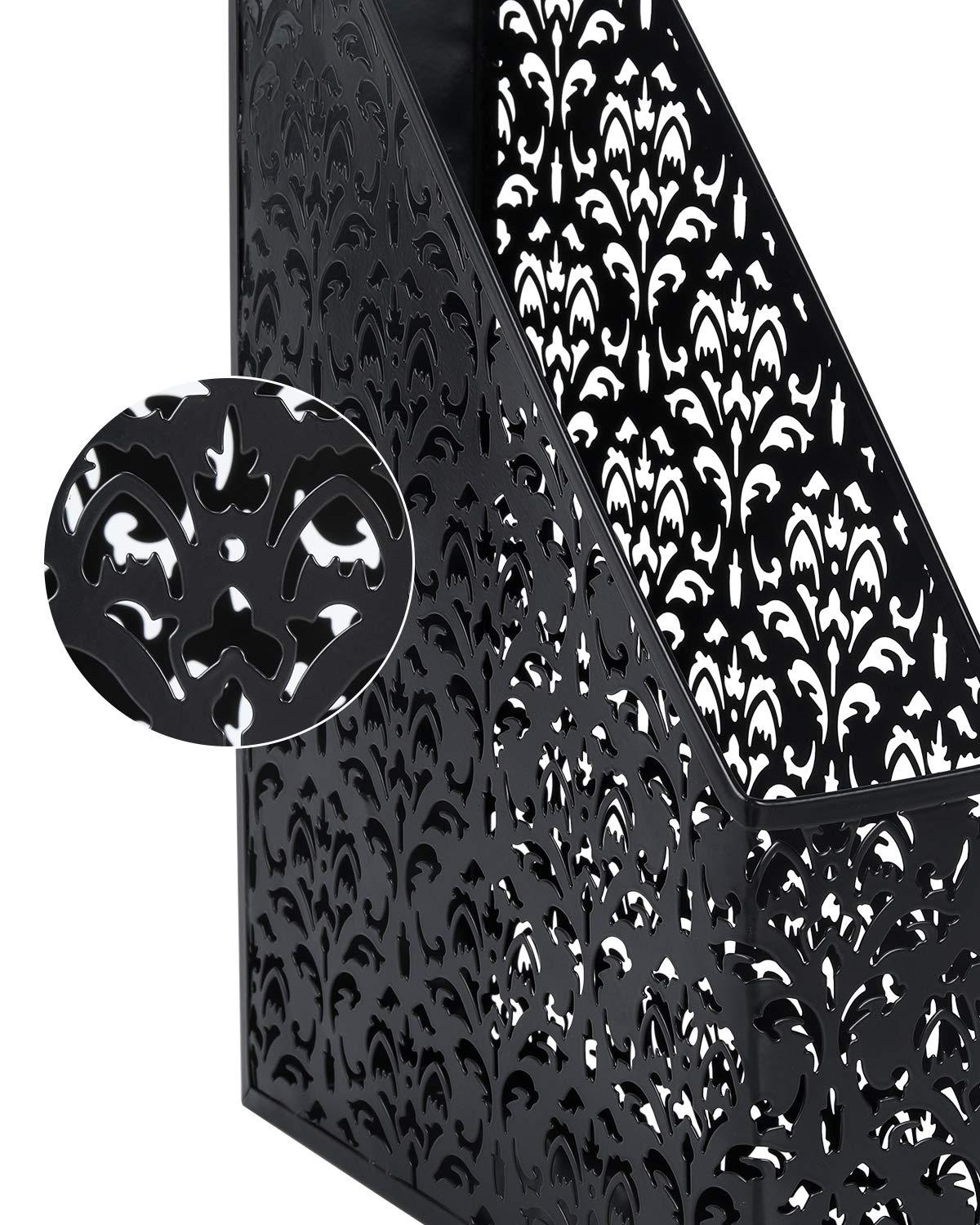 EasyAPG Heavy Duty Metal Magazine File Holder - Carved Hollow Flower Pattern Design, No Assembly Desk Organizer for Legal Size Files, Home Office Storage Rack, Black