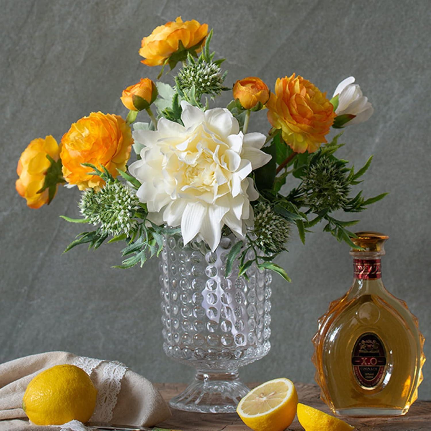 7 Inch Modern Glass Vase with Embossed Ribbed Base - Clear Hydroponic Design for Home Decor, Weddings Party Living Room, Dining Table Floral Arrangement Centerpiece