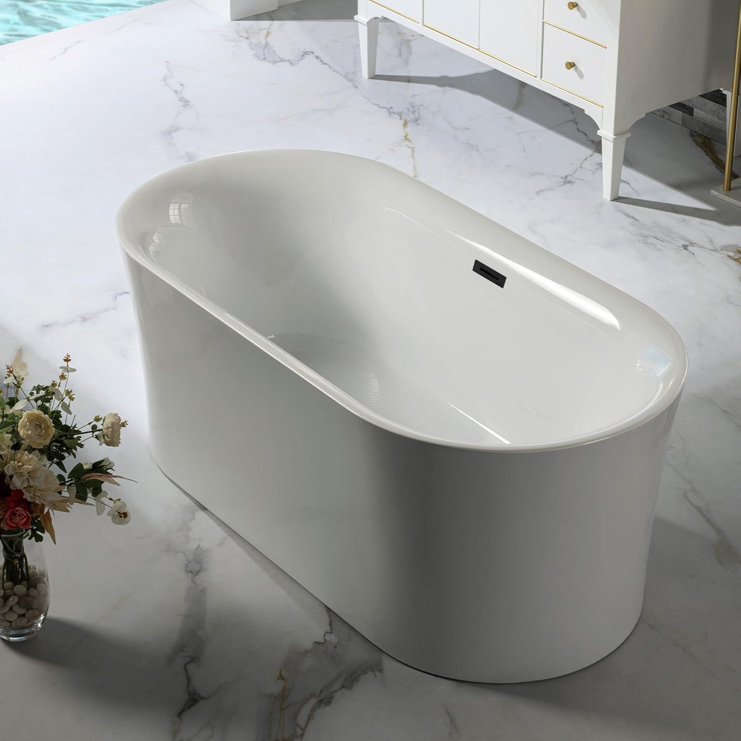 59" White Acrylic Freestanding Oval Bathtub with Matte Black Overflow