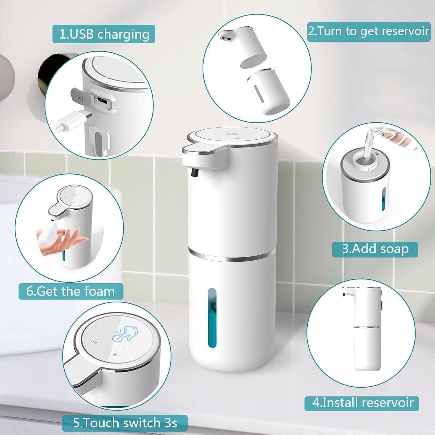 Automatic Foaming Soap Dispenser, Rechargeable, 400ml Touchless Soap Dispenser, Wall-Mounted, Waterproof Hands Free Infrared Motion Sensor Countertop, Auto Foam, Soap Pump (P11), White