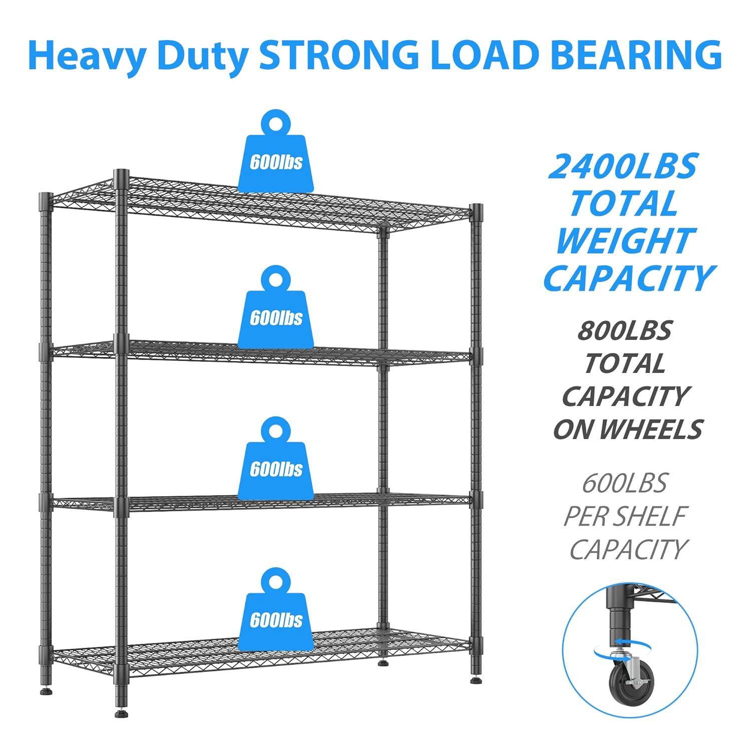 Homdox Heavy Duty Metal Shelves for Storage, 4 Tier Storage Racks and Shelving, Commercial Adjustable Wire Shelving Unit on Wheels, Garage Rack Pantry Shelves Kitchen Shelving, 24"x48"x72", Chrome