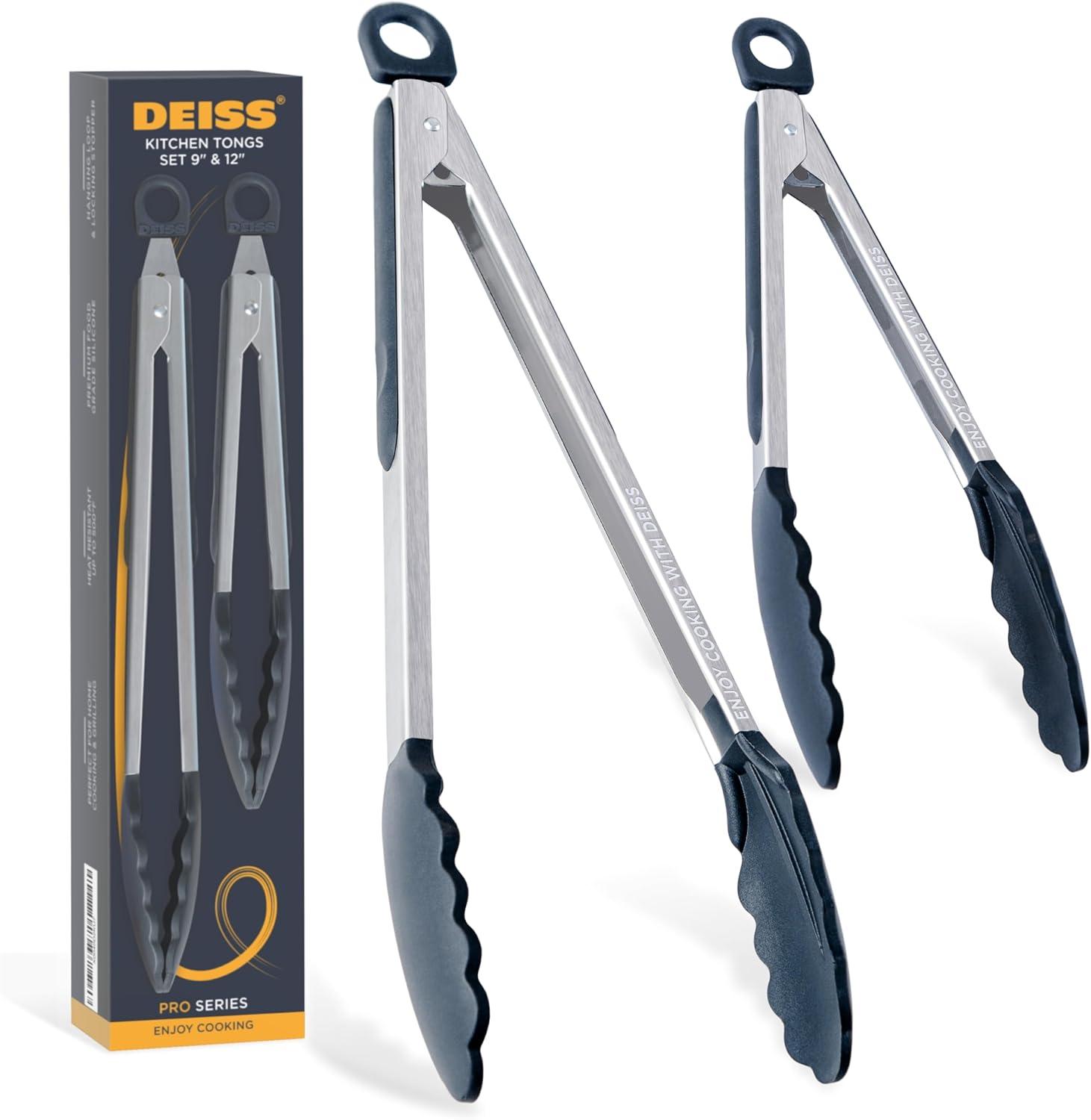 DEISS Deiss Pro 2-Piece Kitchen Tongs with Heat Resistant Silicone Tips for Cooking, BBQ - 9'' and 12'' (Set of 2)