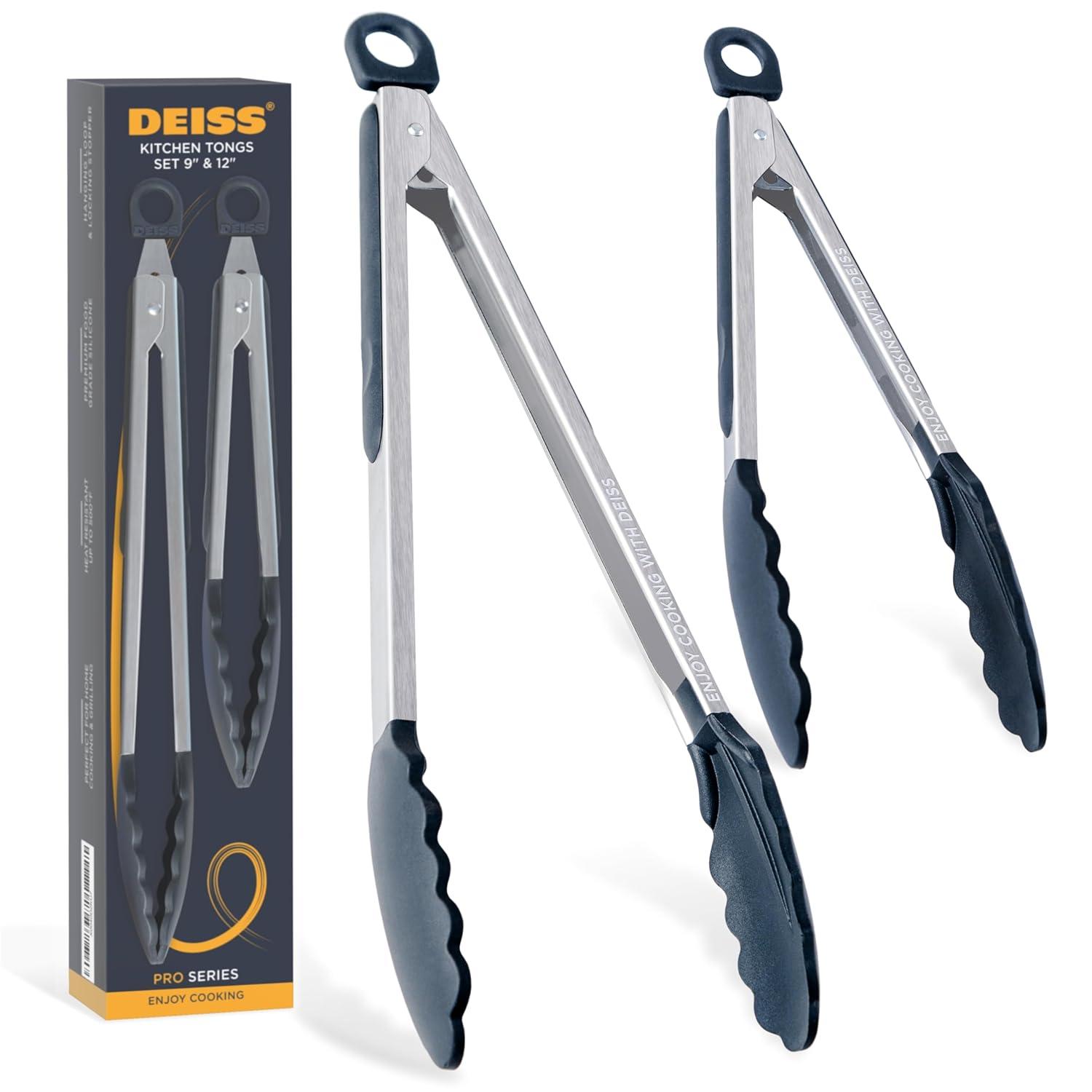 DEISS Deiss Pro 2-Piece Kitchen Tongs with Heat Resistant Silicone Tips for Cooking, BBQ - 9'' and 12'' (Set of 2)