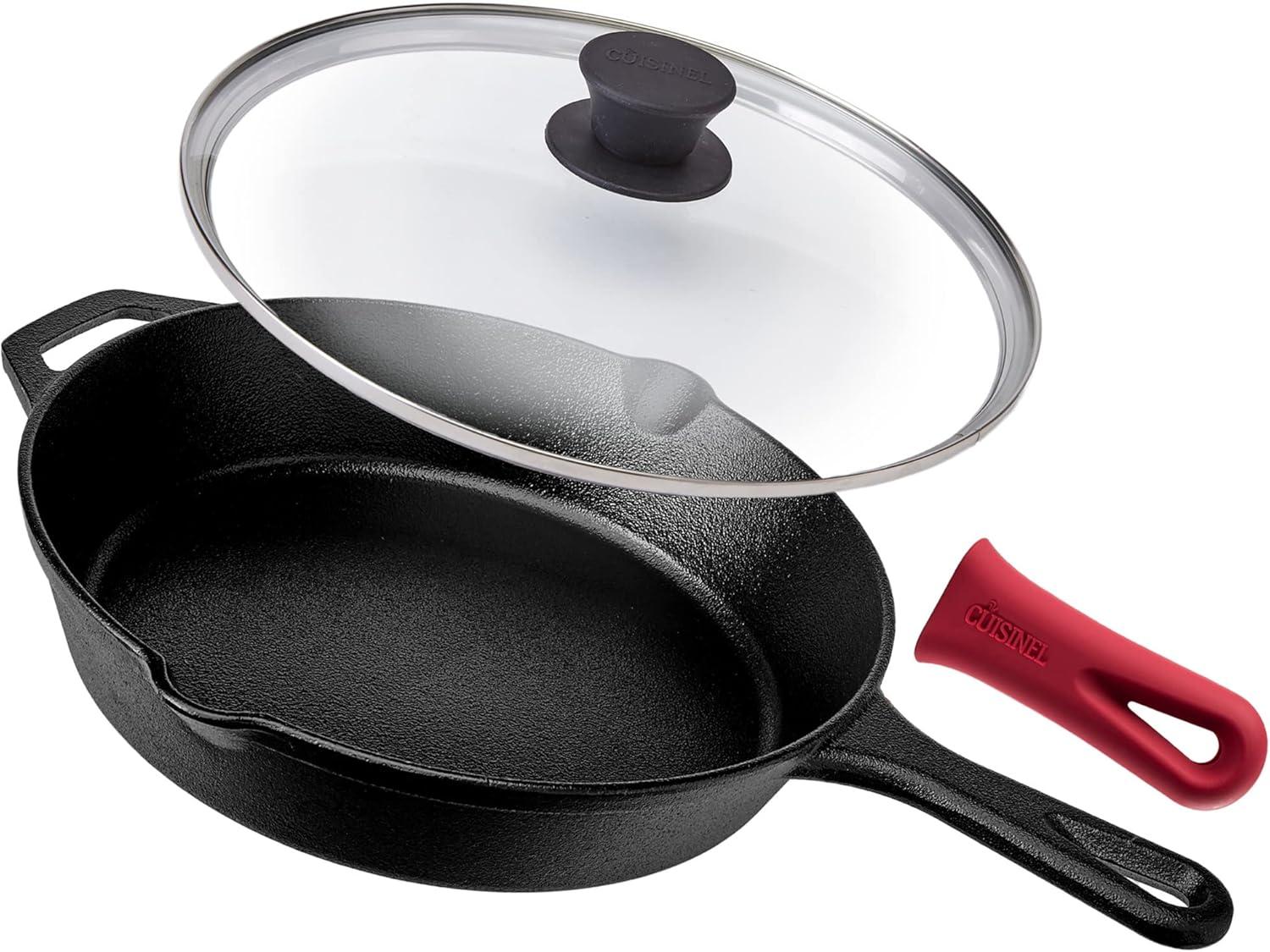 10-Inch Cast Iron Skillet with Glass Lid and Red Silicone Handle