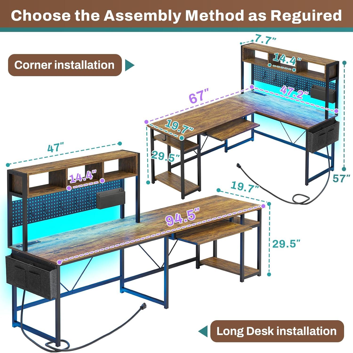 L-Shaped Office Desk with LED Lights & Charging Station, Reversible Computer Desk with Storage Shelf & Pegboard for Bedroom Study Writing, Rutic Brown