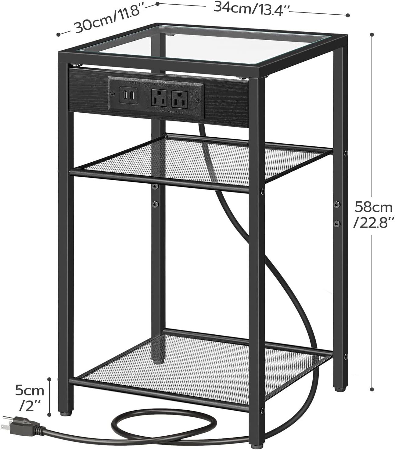 End Table Set of 2 with Charging Station and USB Ports, 3-Tier Nightstands with Adjustable Shelf, Small Side Tables for Small Space in Living Room, Bedroom and Balcony, Black BB112BZP201