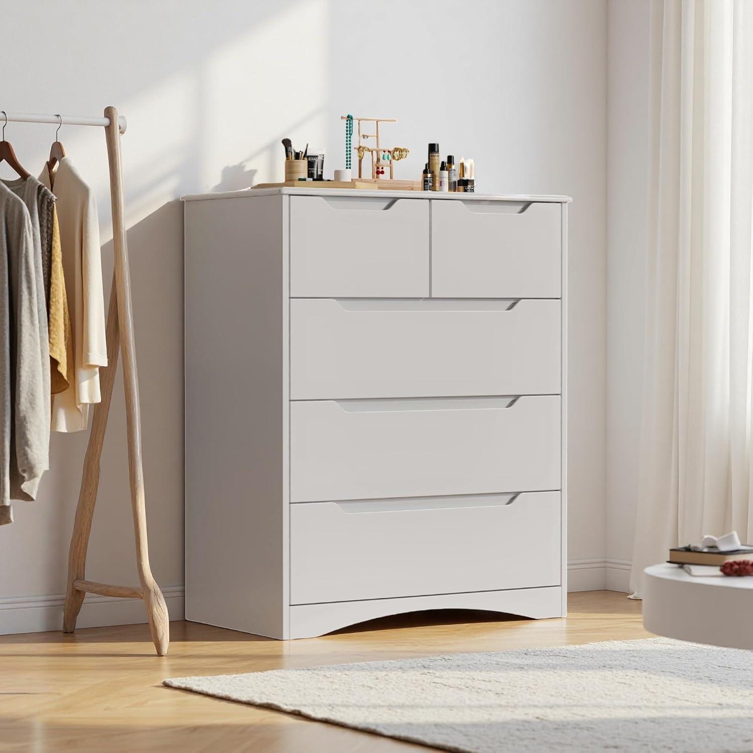 37  Tall Modern 5 Drawer Chest of Drawers Dresser Organizer, Vertical Clothes Storage Hanging Cabinet for Hallway, Bedroom