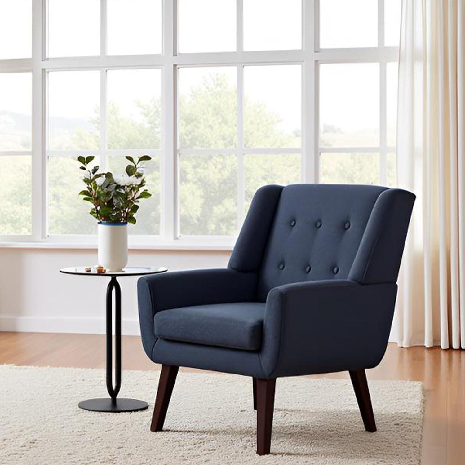 Accent Chair, Comfy Upholstered Mid Century Modern Armchair, Button-Tufted with Linen Fabric Lounge Arm Chairs for Living Room Bedroom(Dark Blue)
