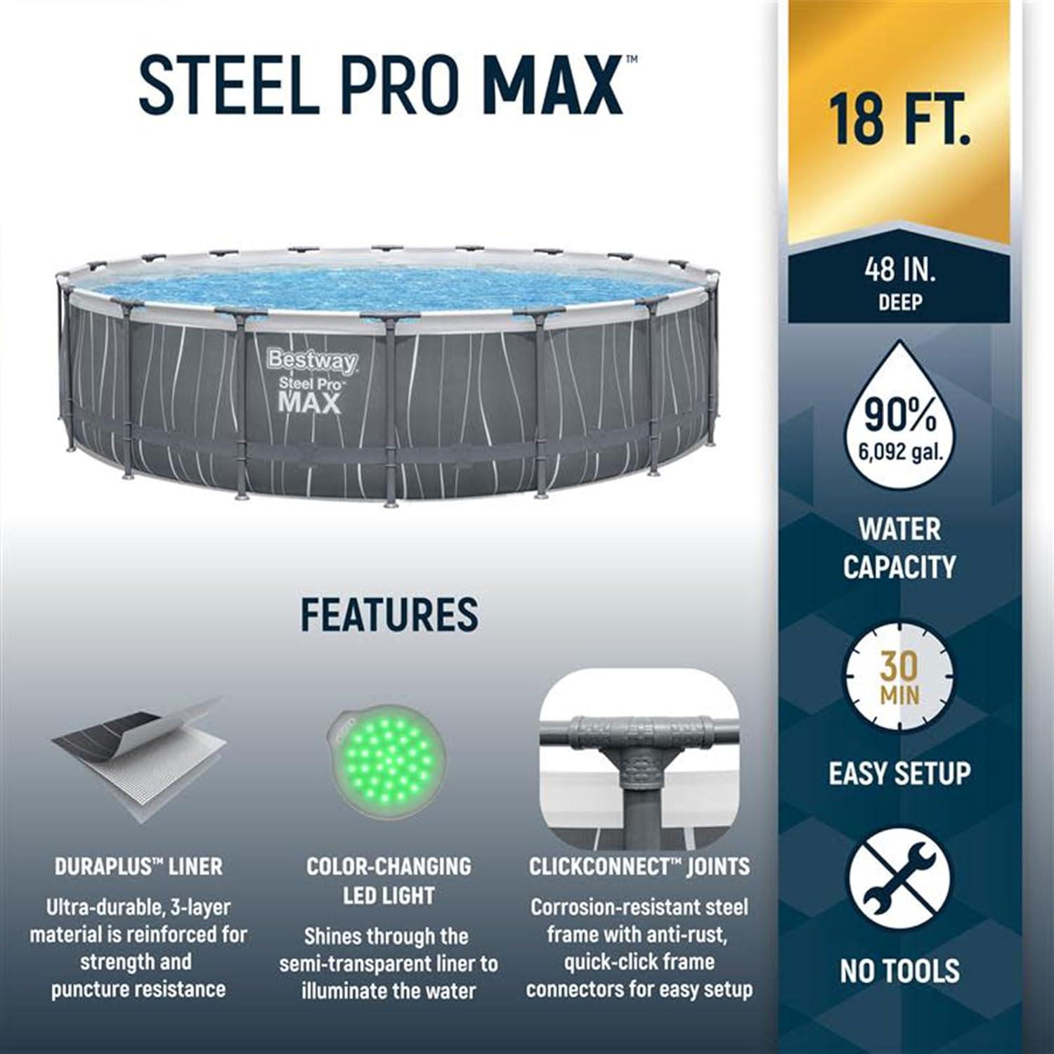 Bestway Steel Pro MAX 18'x48" Round Above Ground Pool w/LED Light & Remote