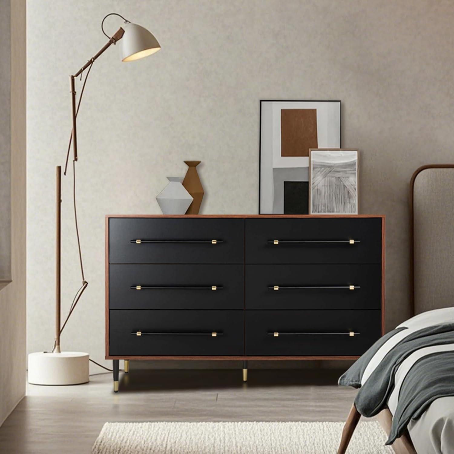 Finnhomy 6 Drawer Dresser for Bedroom, Mid Century Modern Dressers with Black Drawers, Wood Gold Dresser & Chest of Drawer with Wide Metal Handle Wooden Dresser for Bedroom/Living Room/Hallway