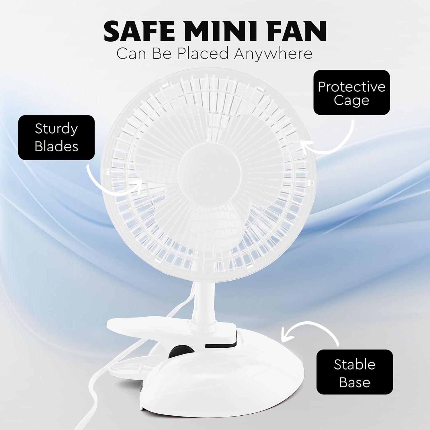 TiaGOC Clip on Fan & Desk Fan, Small Clip Fan with Sturdy Clamp, 6 Inch Portable Clip on Fan Plug-In Quiet Personal Cooling Bed Fan for Home, Camping, 2 Speed Clip Fans with Adjustable Tilt, White