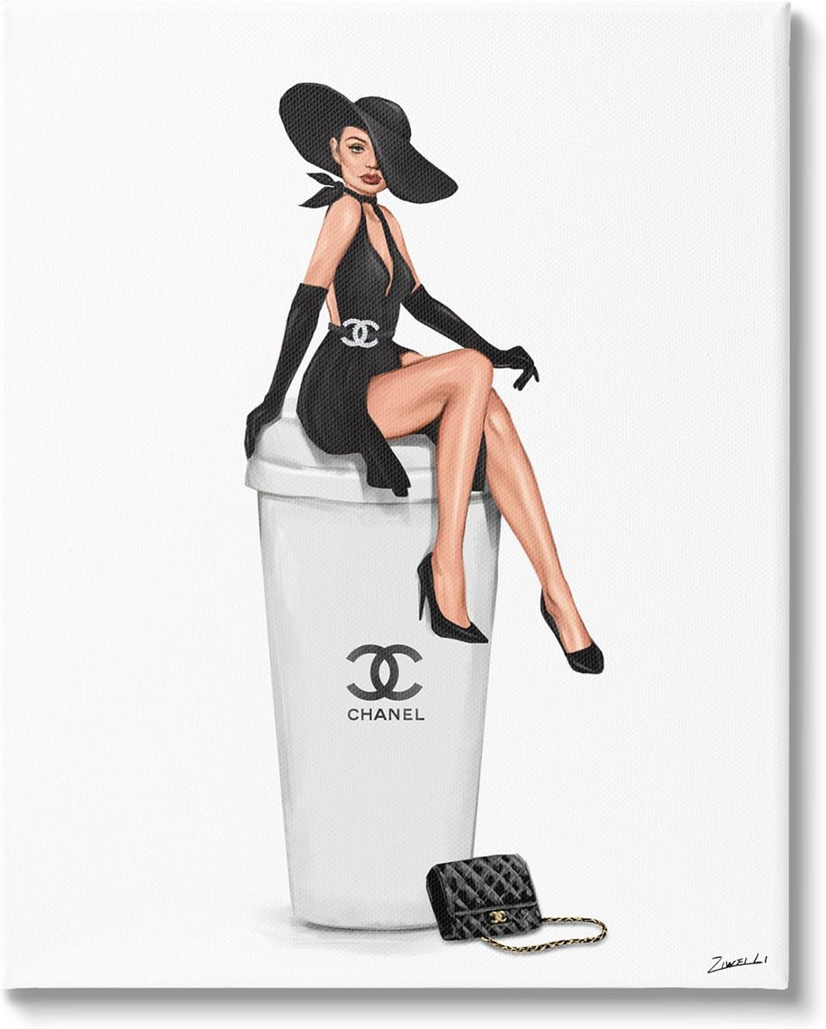 Stupell Industries Girl in Black Dress Fashion Food & Beverage Painting Gallery Wrapped Canvas Print Wall Art, 16 x 20