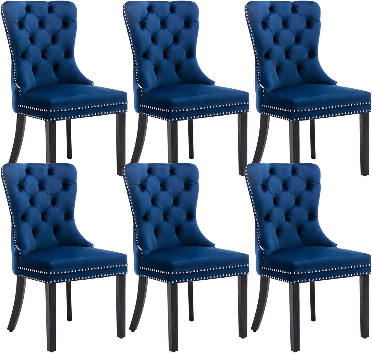 Tzicr Tufted Dining Chairs Set of 6, Upholstered Dining Chairs with Nailhead Back, Nailhead Trim, Velvet Dining Chairs for Kitchen/Bedroom/Dining Room(Blue)