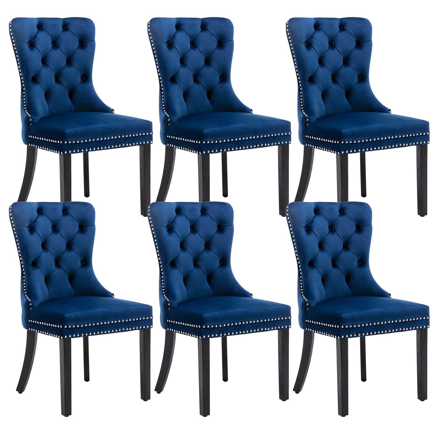 Tzicr Tufted Dining Chairs Set of 6, Upholstered Dining Chairs with Nailhead Back, Nailhead Trim, Velvet Dining Chairs for Kitchen/Bedroom/Dining Room(Blue)