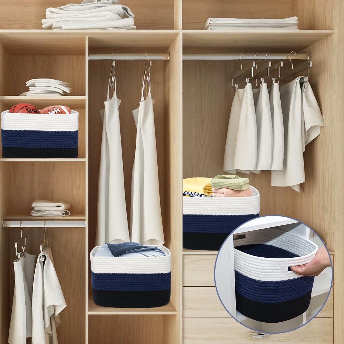 KOUROUU 3 Pack Cotton Rope Storage Basket Woven Shelf Storage Bin with Faux Leather Handles, Decorative Closet Shelf Woven Basket for Storage Organizers, 15 x 10 x 9, White/Gray