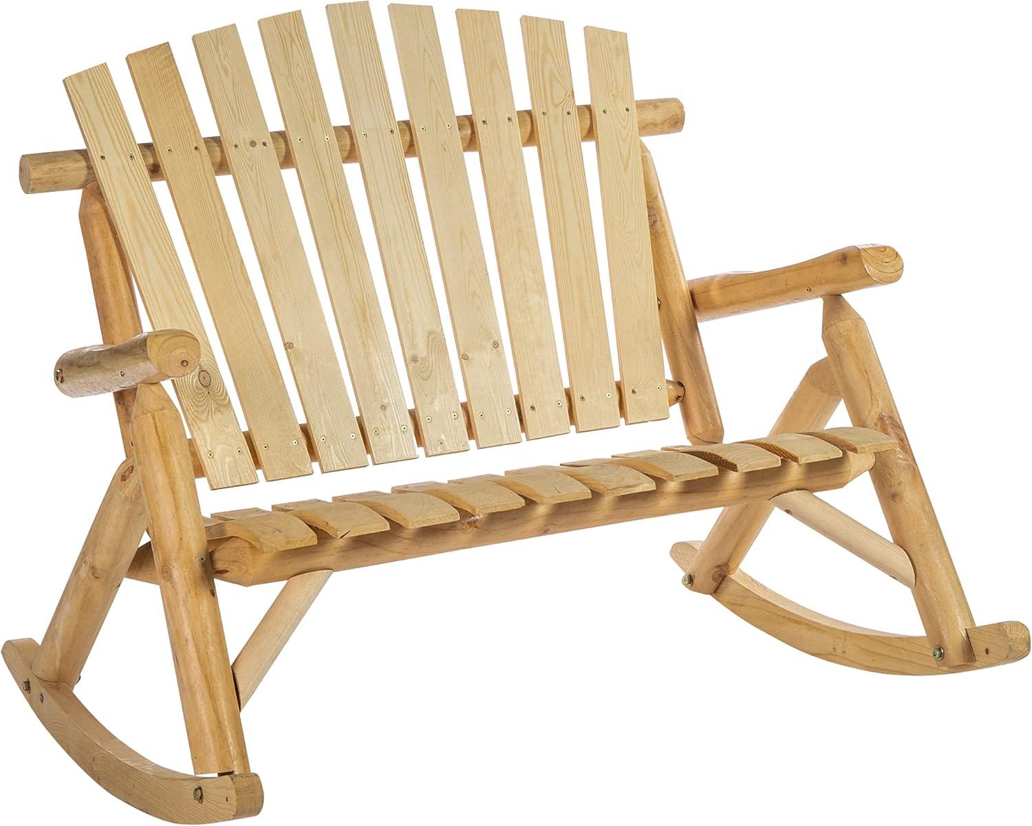 Outsunny Outdoor Adirondack Rocking Chair with Log Slatted Design, 2-Seat Patio Wooden Rocker Loveseat with High Back for Lawn Backyard Garden