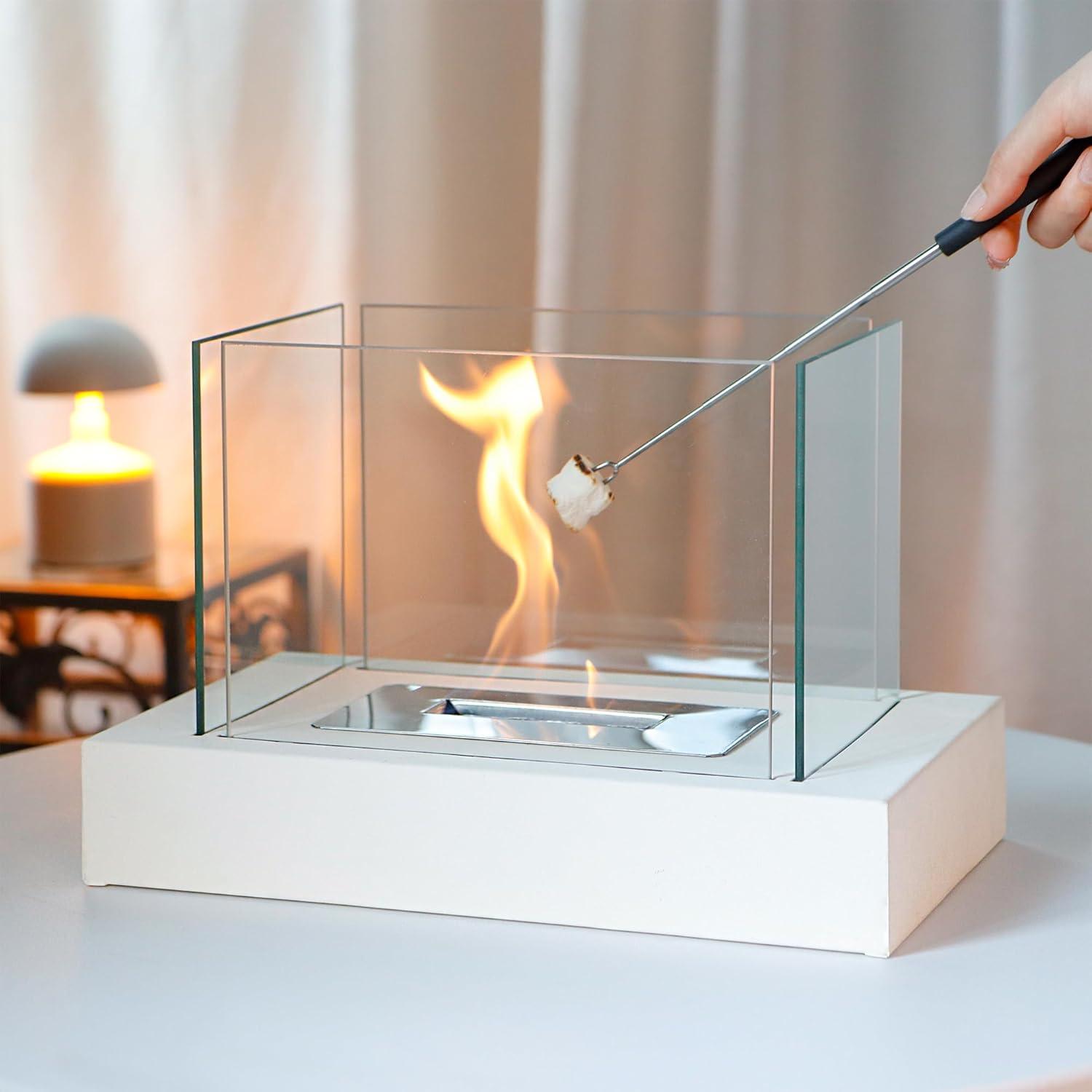 13.5" White Glass and Steel Portable Tabletop Fireplace