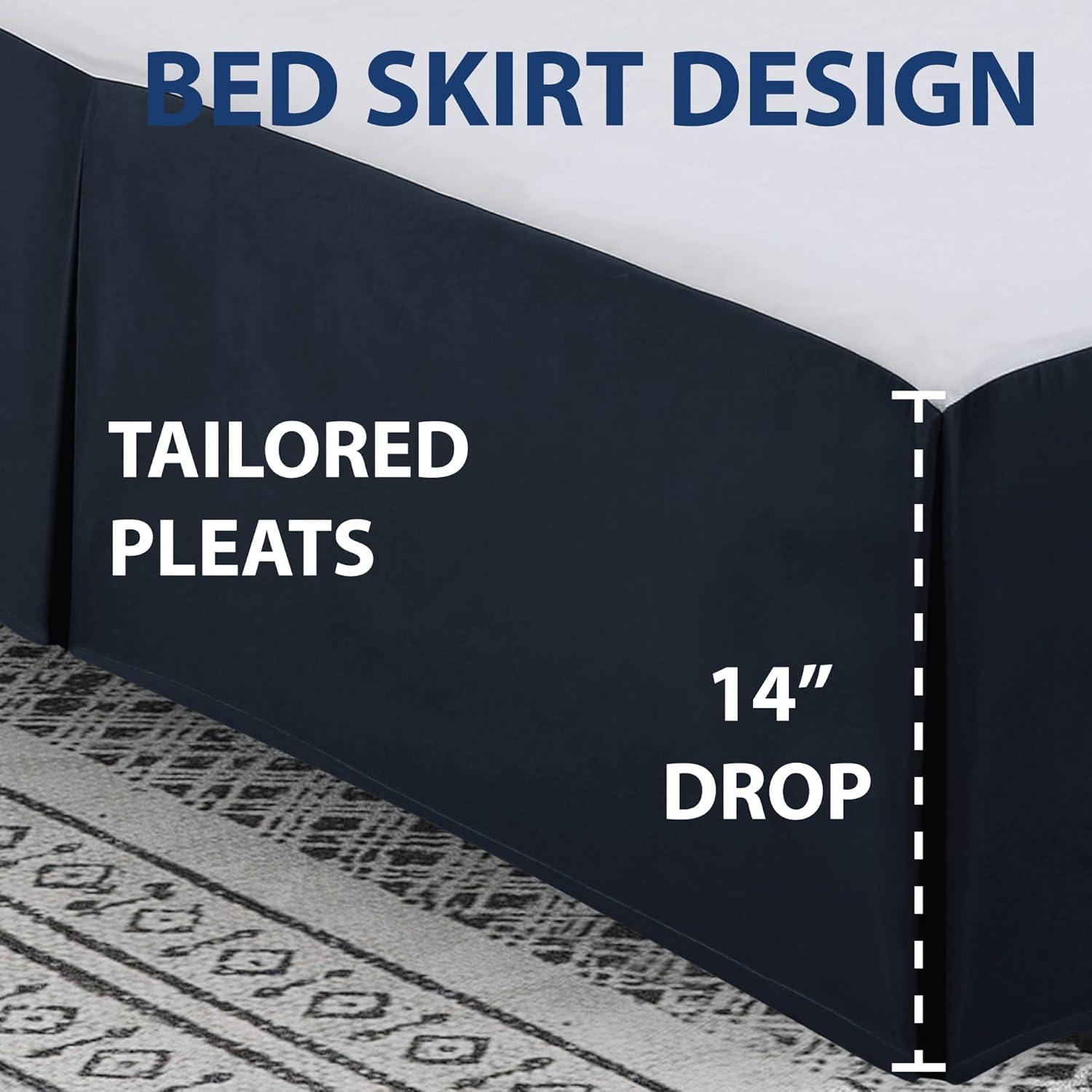 Navy Pleated Microfiber Queen Bed Skirt with Split Corners