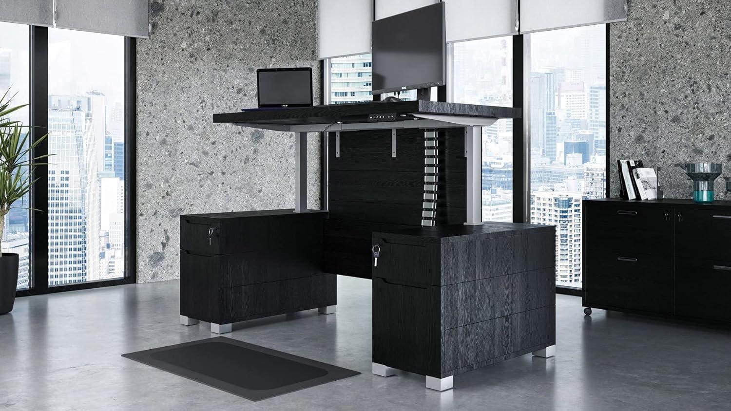 Black Oak Adjustable Height Desk with Filing Cabinets