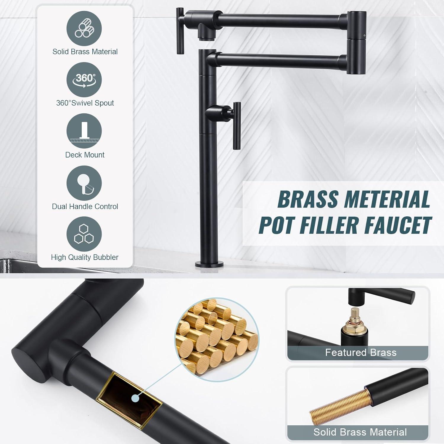 Pot Filler Faucet Wall Mount Kitchen Sink Faucet Stove Pot Filling Faucet with Double Joint Swing Arms Folding Faucet, Solid Brass Material, Lead-Free, Single Hole, Brushed Gold