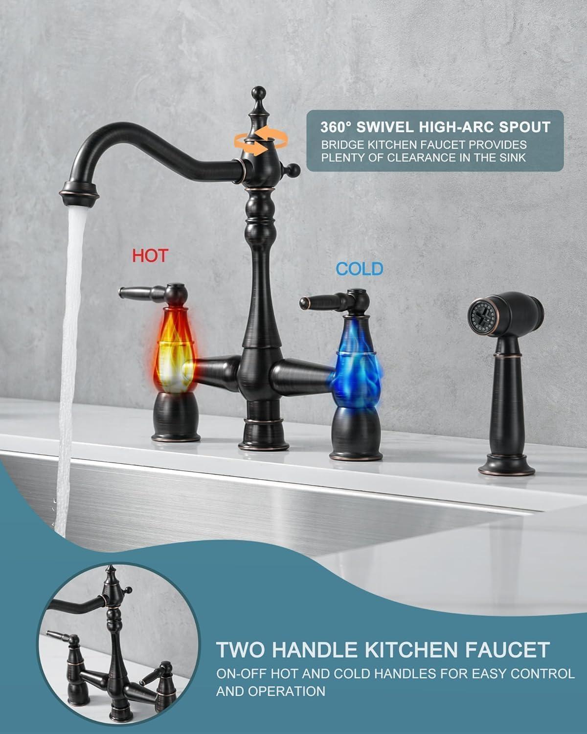 Oil Rubbed Bronze Bridge Kitchen Faucet with Side Sprayer