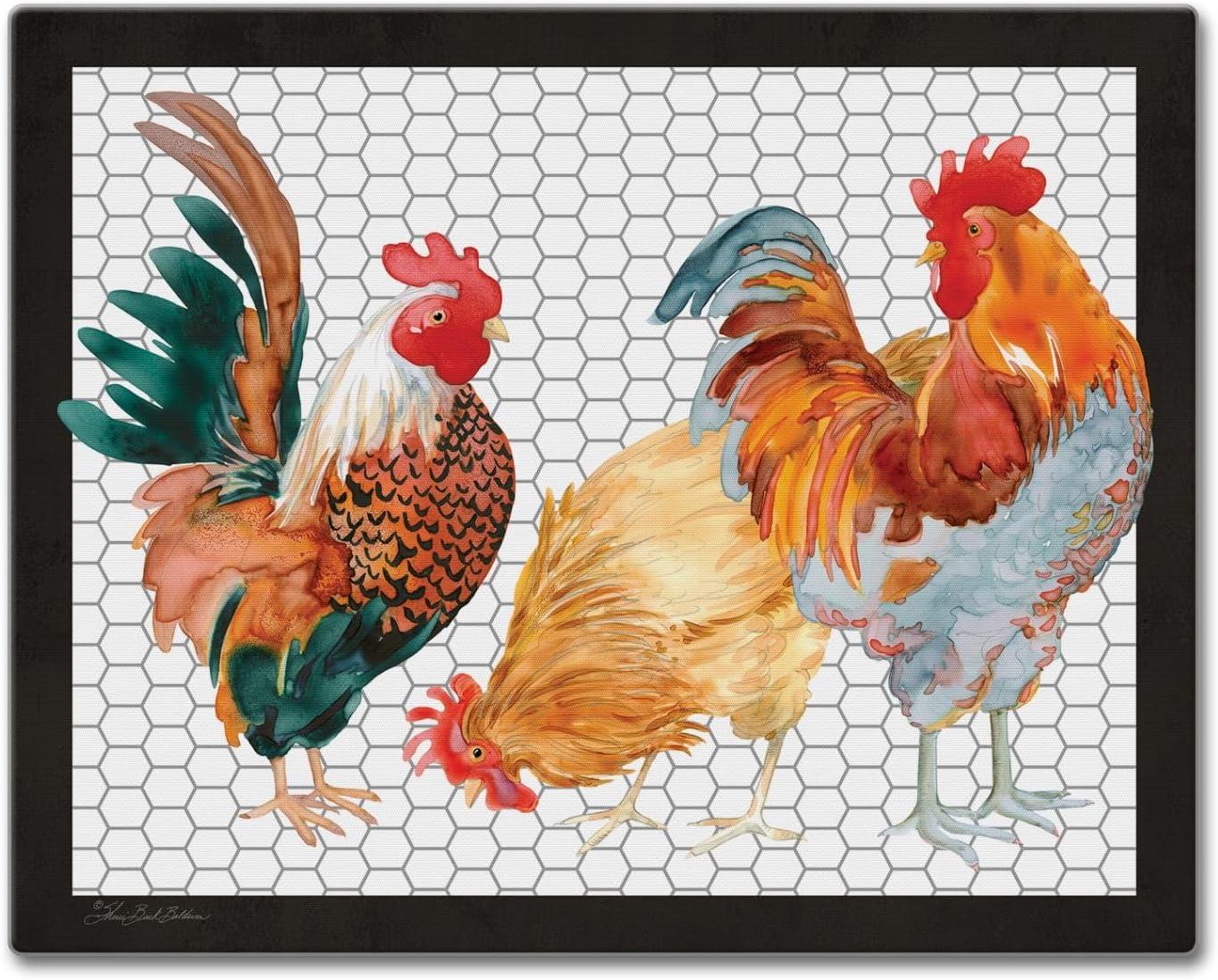 Whimsical Roosters Tempered Glass Rectangular Cutting Board