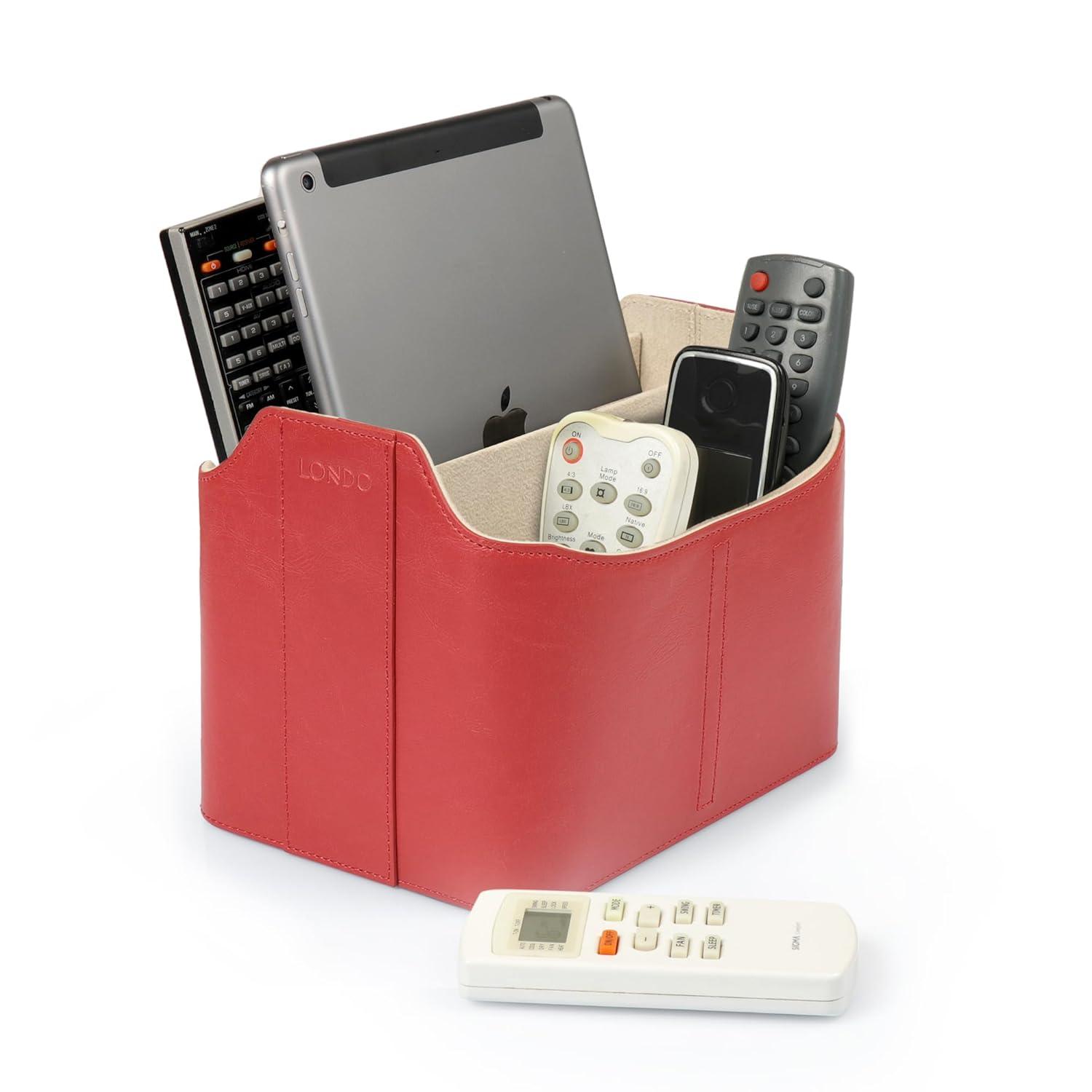 Red Faux Leather Remote Control Holder with Suede Lining