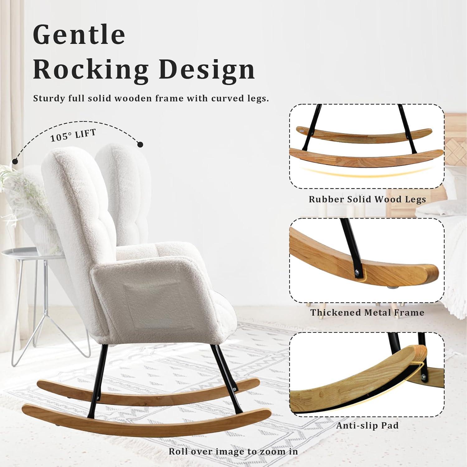 Nursery Rocking Chair Teddy, Upholstered Glider Rocker with High Backrest, Comfortable Stylish Accent Armchair with Padded Seat for Living Rooms, Bedrooms, Offices