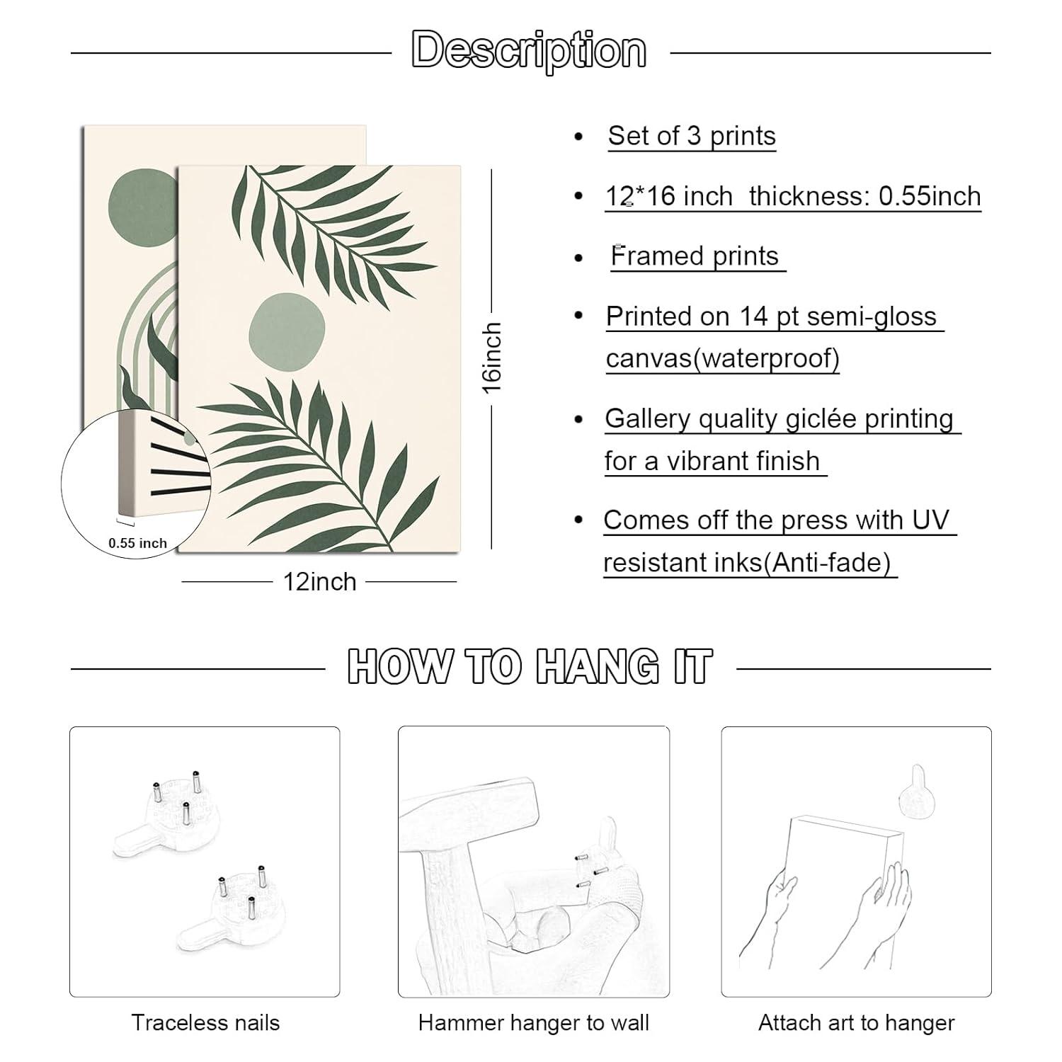 Boho Wall Art, Mid Century Modern Wall Art, Set of 3 Framed Canvas Wall Art Prints 12"x16" Abstract Geometric Neutral Sage Green Boho Artwork Wall Decor for Bedroom Living Room Bathroom