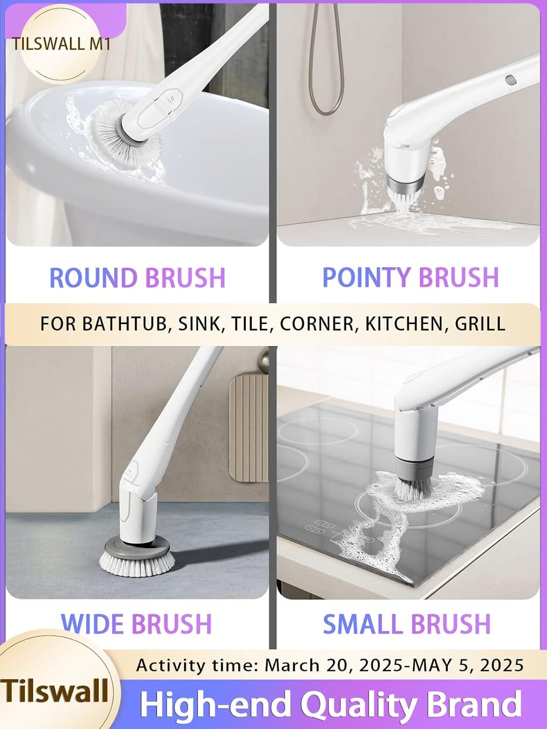 Tilswall Cordless Electric Spin Scrubber - IPX7 Waterproof Cleaning Brush with 180Min Runtime & 43" Extendable Handle, Ideal Gift for Home/Bathroom/Car (Includes 4 Brush Heads)