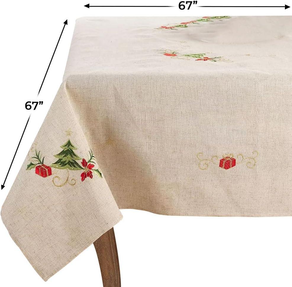 Saro Lifestyle Embroidered Christmas Tree Design Holiday Linen Blend Tablecloth, 67"x67", Beige