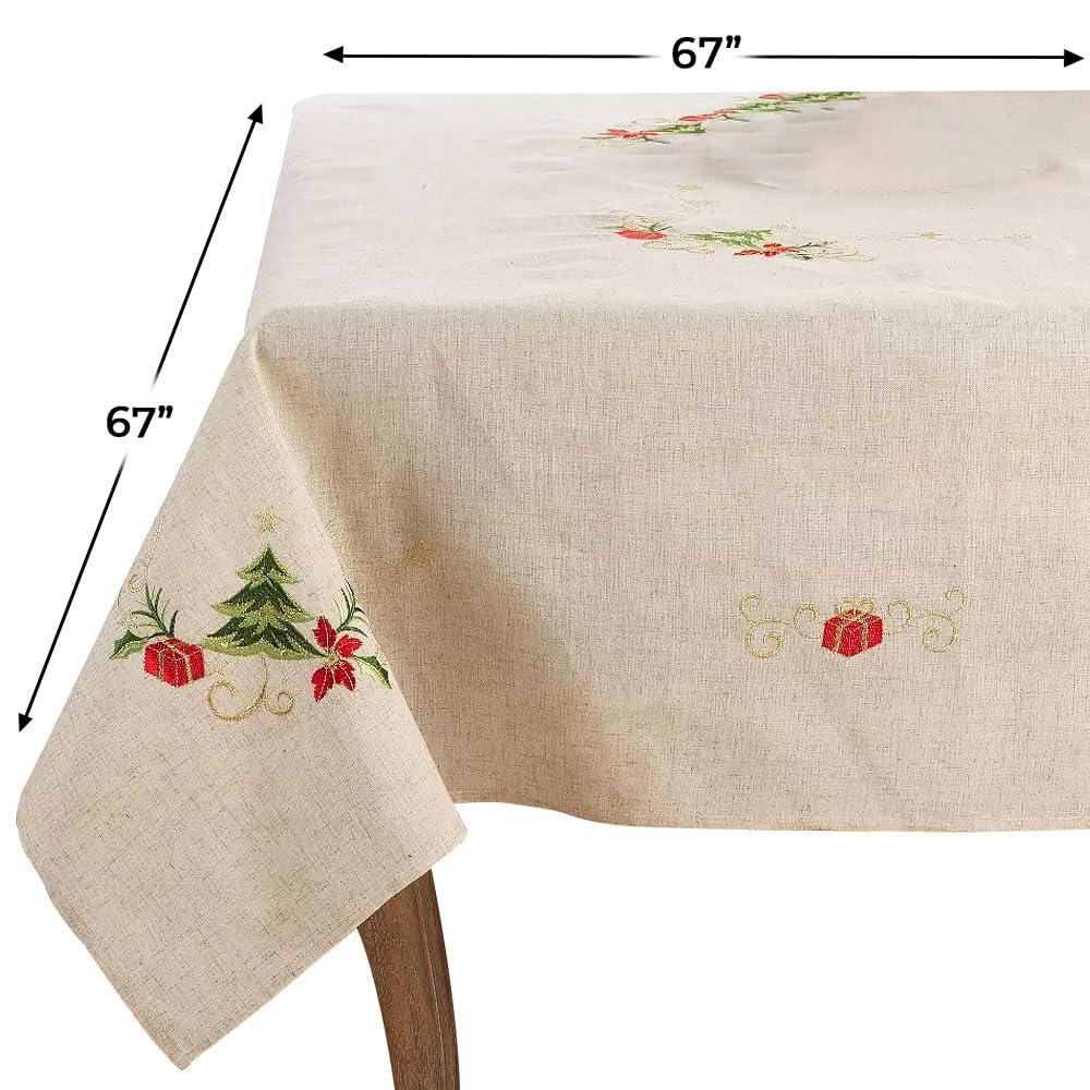 Saro Lifestyle Embroidered Christmas Tree Design Holiday Linen Blend Tablecloth, 67"x67", Beige