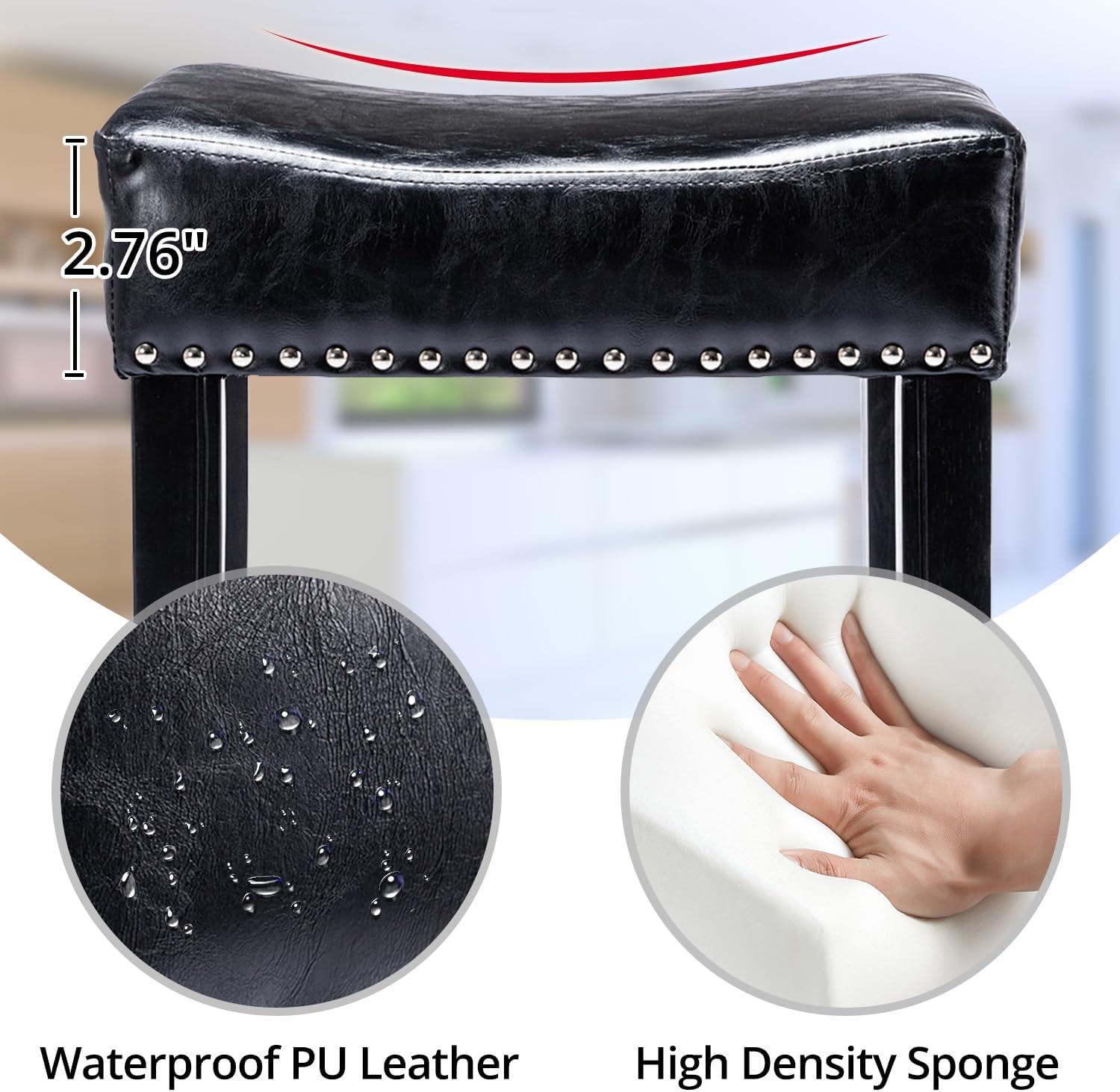 Lecut 26 Inch Wood Saddle Seat Barstool Set of 2 PU Leather Kitchen Counter Stools Nailhead Wood Pub-Height Saddle Stool Black