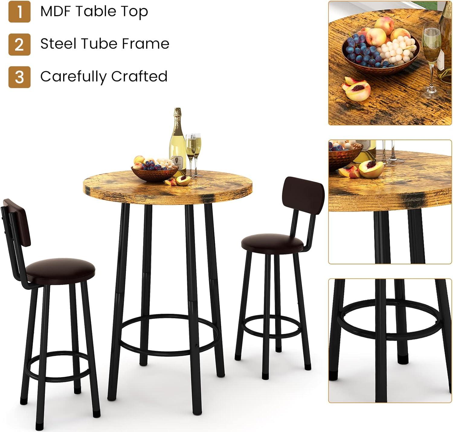 Recaceik 3 Piece Pub Dining Set, Modern Round bar Table and Stools for 2 Kitchen Counter Height Wood Top Bistro Easy Assemble for Breakfast Nook Living Room Small Space Restaurant