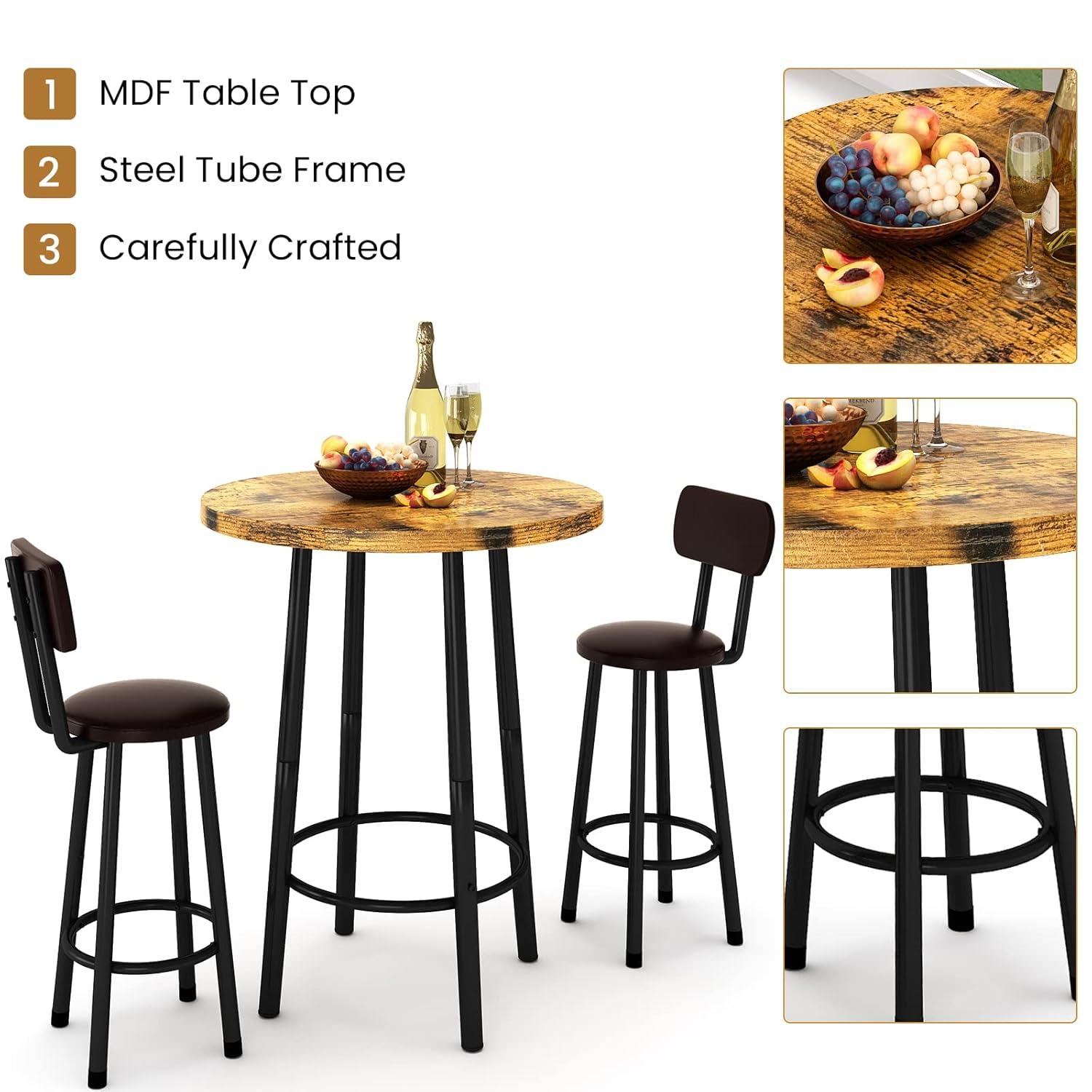 Recaceik 3 Piece Pub Dining Set, Modern Round bar Table and Stools for 2 Kitchen Counter Height Wood Top Bistro Easy Assemble for Breakfast Nook Living Room Small Space Restaurant, Rustic Brown