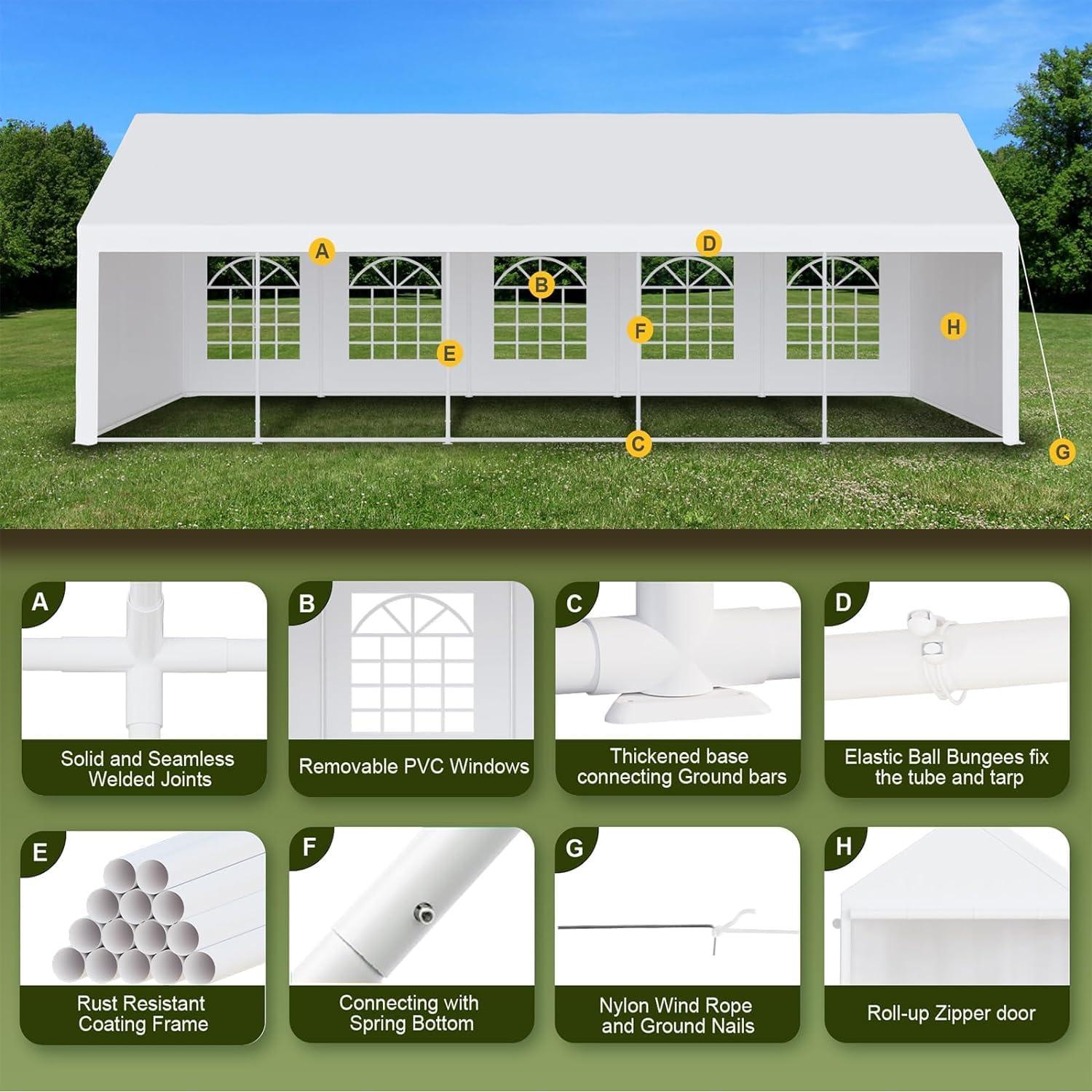 Soonbuy Party Tent 20 x 32 FT Outdoor Wedding Canopy Tents for Parties with Removable Sidewalls & 3 Storage Bags, Waterproof Gazebo Shelter, White